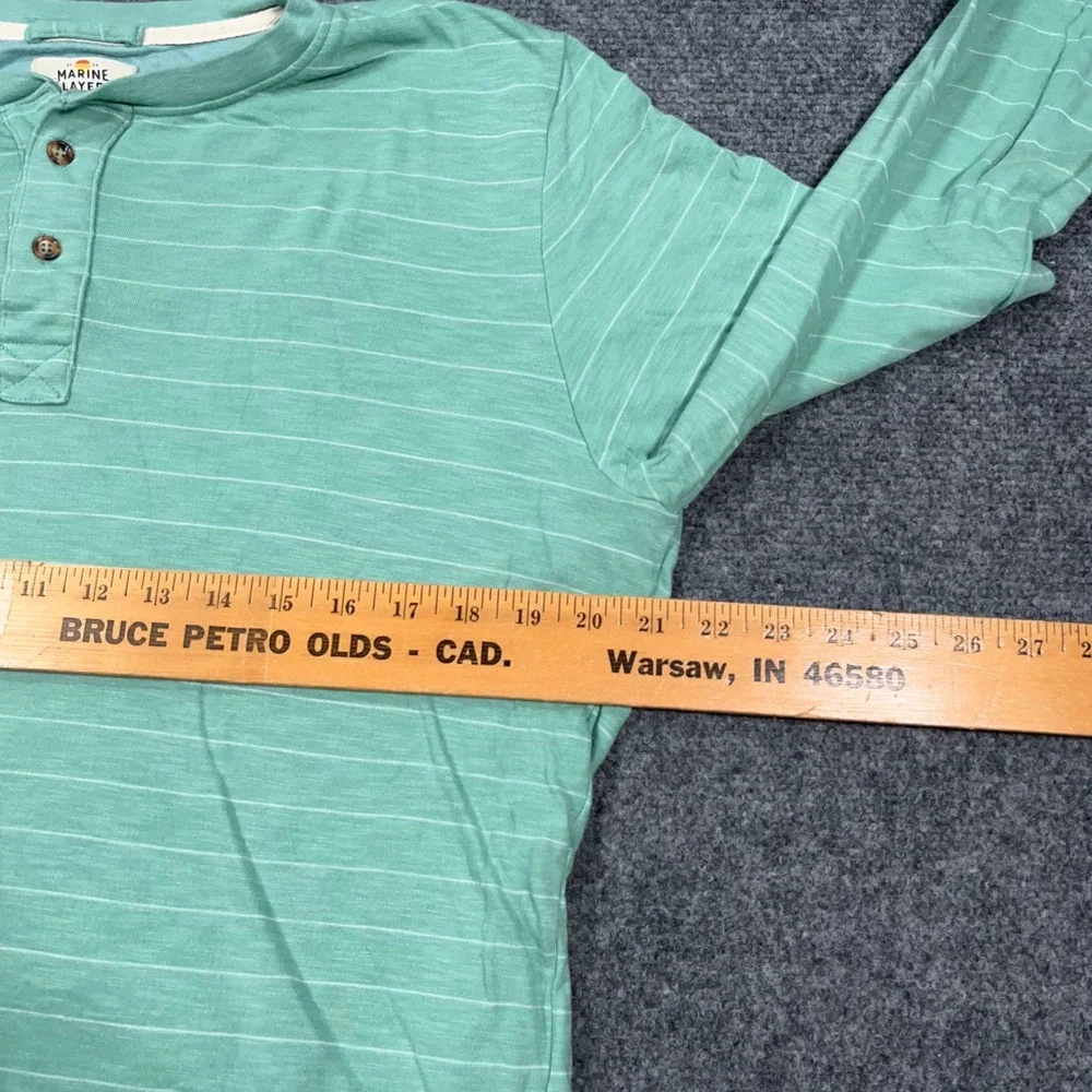 Marine Layer Striped Henley Shirt Mens Large Long Sleeve Raw Hem Green Coastal